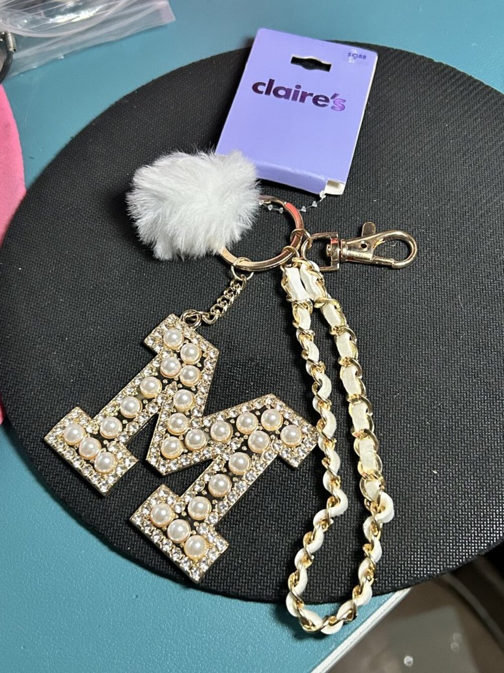 Claire’s Initial Letter M Pearl Rhinestone Keychain Purse Charm NWT